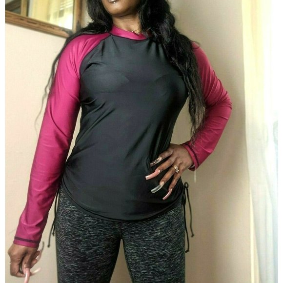 Unbranded Tops - Long Sleeve UPF 50 Shirt Magenta Black Ruched Top
